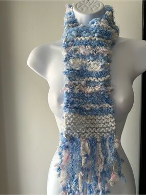 Cozy Kids Blue & White Fuzzy Knit Scarf